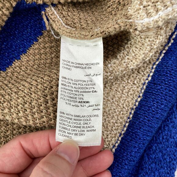 Chicos Striped Sweater 3/4 Sleeve Pullover Knit Blue White Tan Size XL 3 - Picture 5 of 8